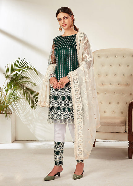 Green and White Embroidered Pant Style Suit
