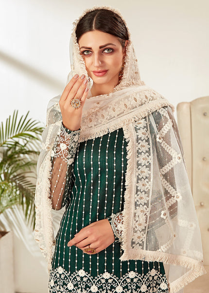 Green and White Embroidered Pant Style Suit