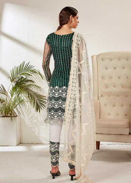 Green and White Embroidered Pant Style Suit