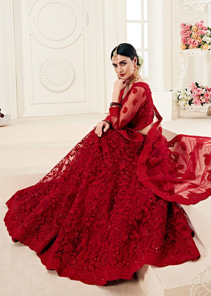 Red Heavy Embroidered Lehenga