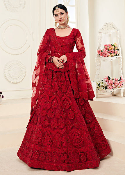 Red Heavy Embroidered Lehenga