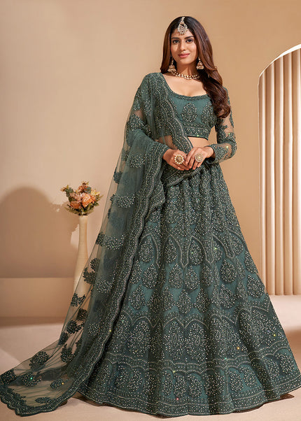 Dark Green Heavy Embroidered Lehenga