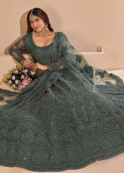 Dark Green Heavy Embroidered Lehenga