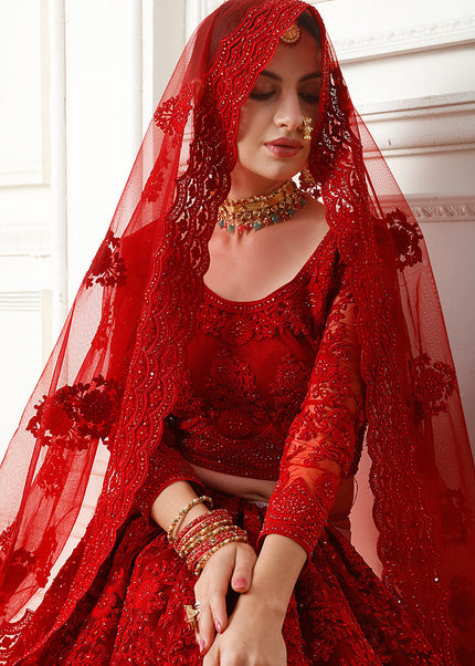 Red Heavy Embroidered Lehenga