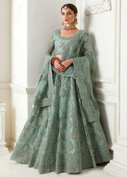 Teal Grey Heavy Embroidered Lehenga