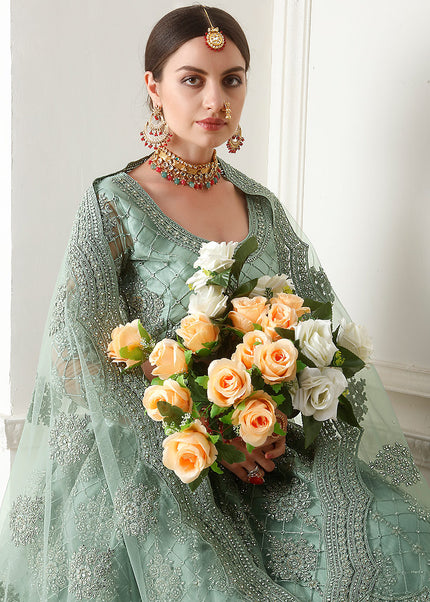 Teal Grey Heavy Embroidered Lehenga