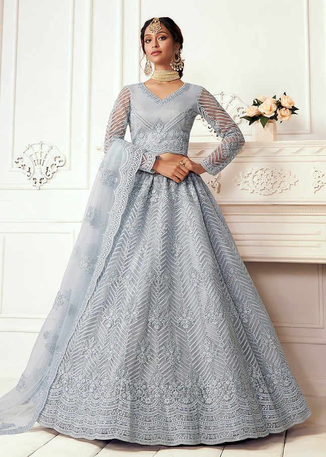 Blue Grey Embroidered Lehenga