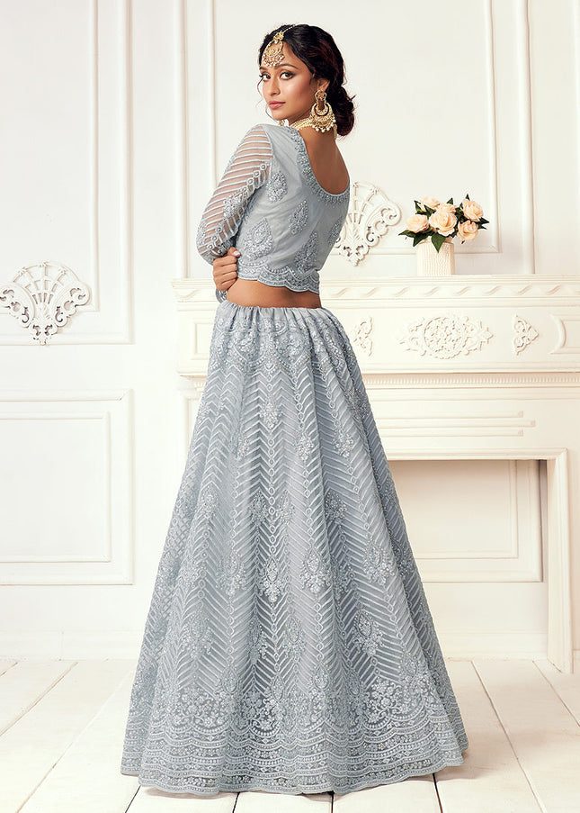 Blue Grey Embroidered Lehenga