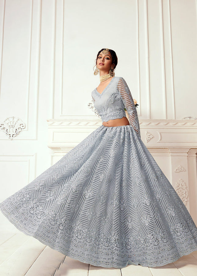 Blue Grey Embroidered Lehenga