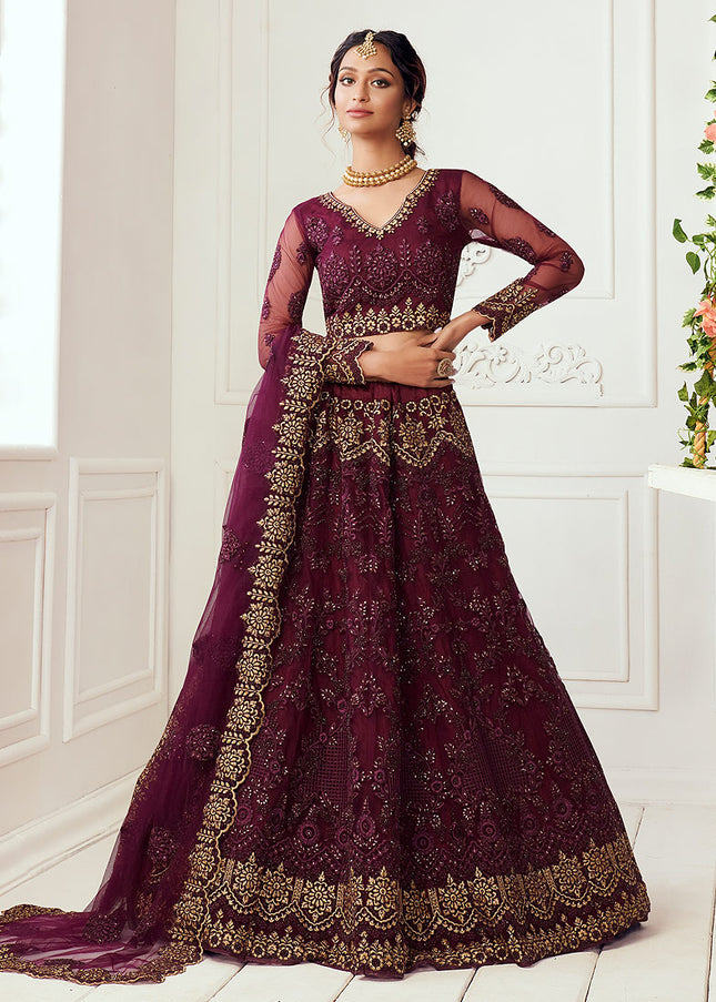 Wine and Gold Embroidered Lehenga