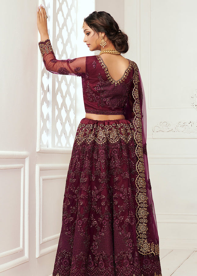 Wine and Gold Embroidered Lehenga