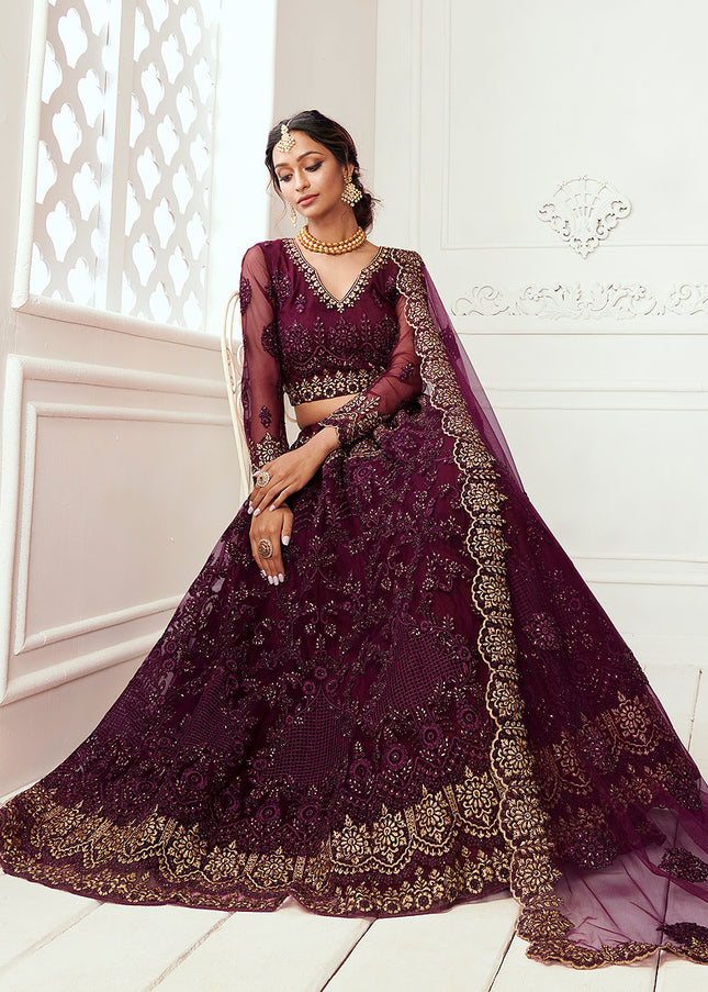 Wine and Gold Embroidered Lehenga