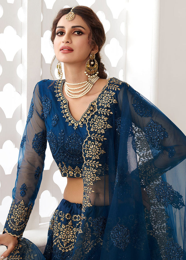 Blue and Gold Embroidered Lehenga