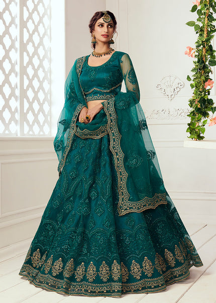 Teal Green and Gold Embroidered Lehenga