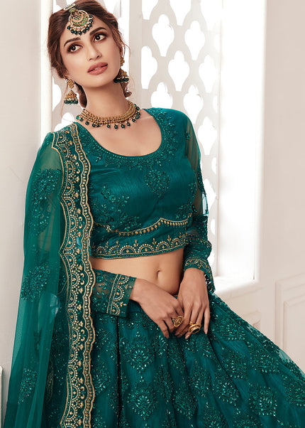 Teal Green and Gold Embroidered Lehenga