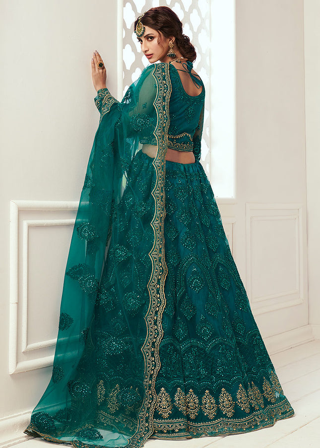 Teal Green and Gold Embroidered Lehenga