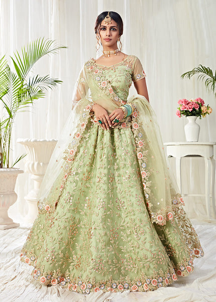 Pista Green and Gold Embroidered Lehenga