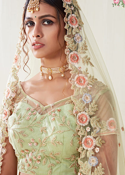 Pista Green and Gold Embroidered Lehenga