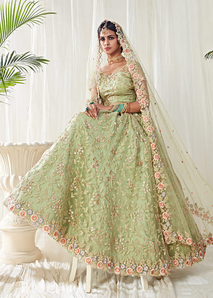 Pista Green and Gold Embroidered Lehenga