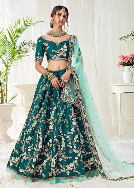 Dark Green and Gold Embroidered Lehenga