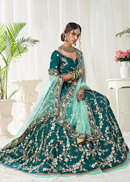 Dark Green and Gold Embroidered Lehenga