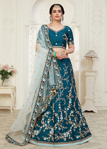 Peacock Blue and Gold Embroidered Lehenga