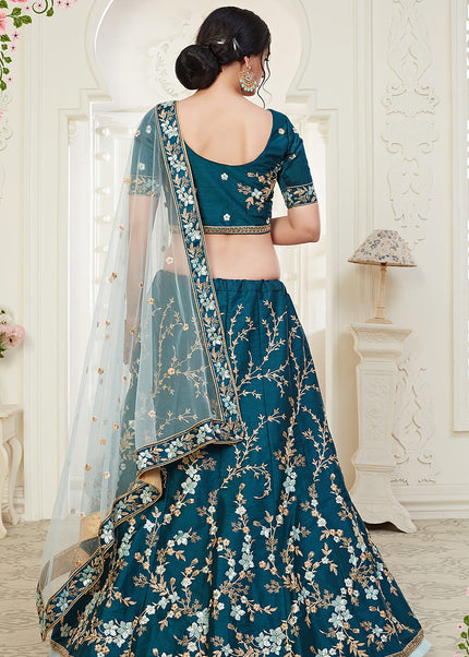 Peacock Blue and Gold Embroidered Lehenga