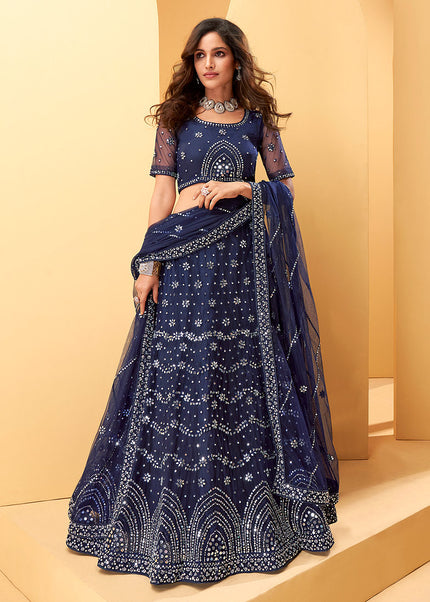 Blue Heavy Embroidered Net Lehenga