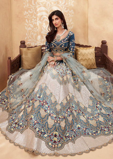 Teal Blue and Gold Embroidered Lehenga