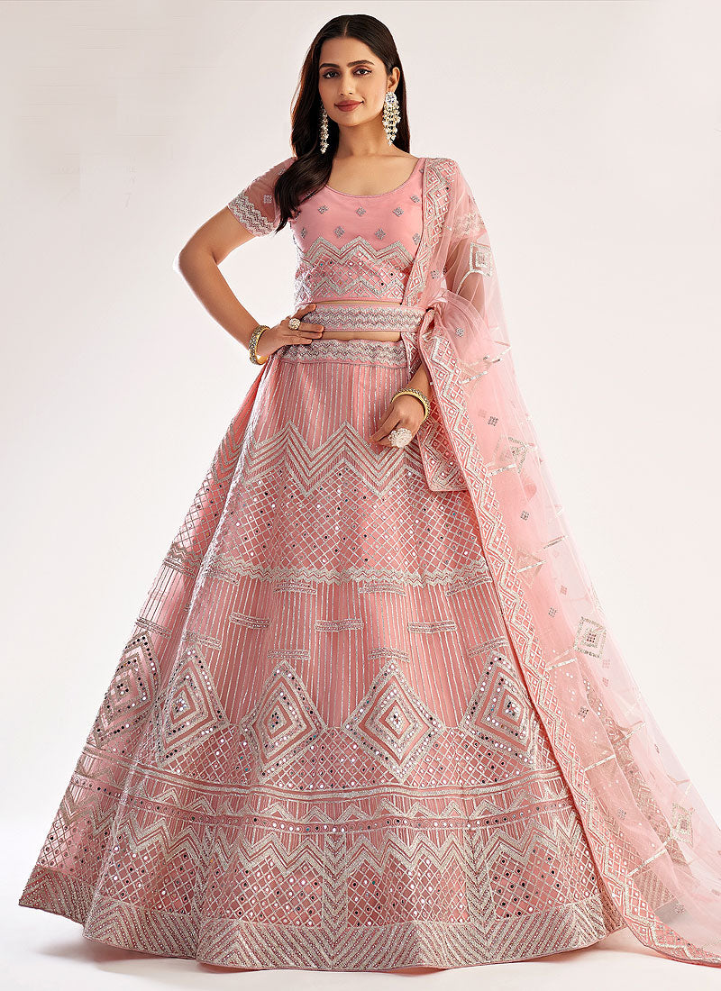 DUSTY PINK LEHENGA SET WITH ALL OVER SILVER ZARI EMBROIDERY PAIRED WITH A  MATCHING EMBROIDERED DUPATTA AND SILVER HIGHLIGHTS. - Seasons India