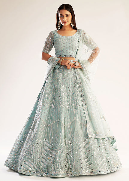 Pastel Blue Mirror Embroidered Lehenga