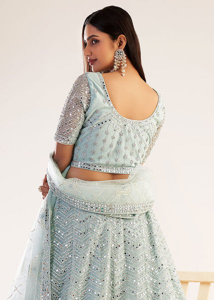 Pastel Blue Mirror Embroidered Lehenga