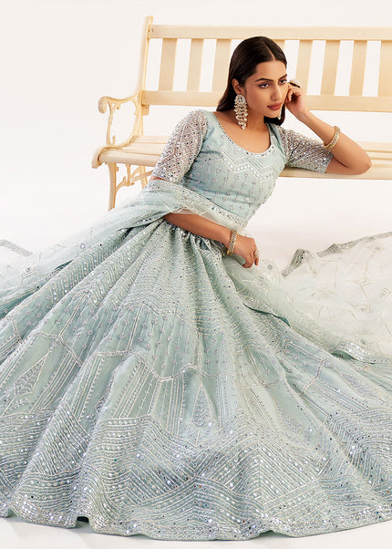 Pastel Blue Mirror Embroidered Lehenga