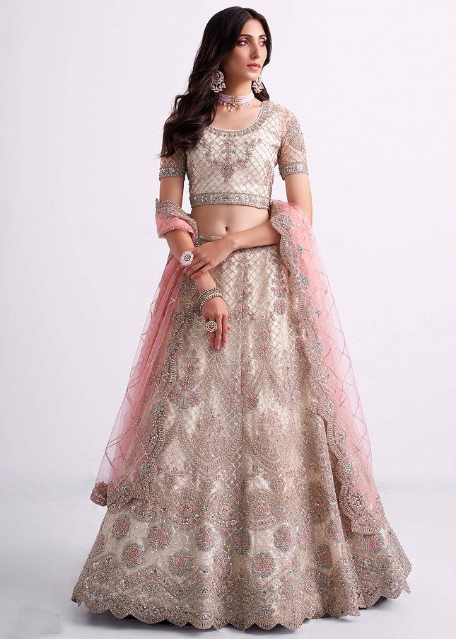 Offwhite and Pink Heavy Embroidered Lehenga