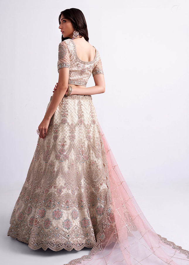 Offwhite and Pink Heavy Embroidered Lehenga