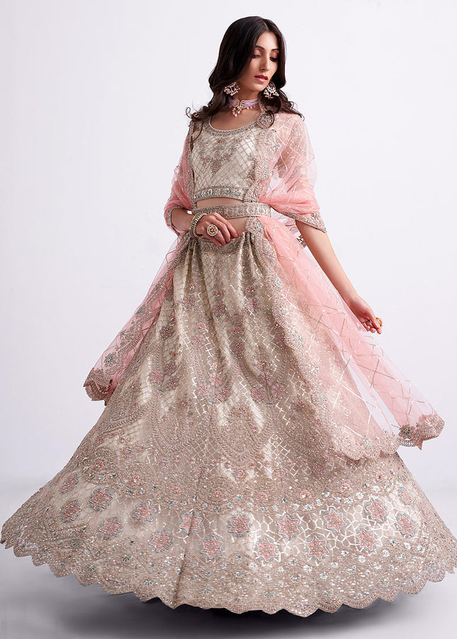 Offwhite and Pink Heavy Embroidered Lehenga