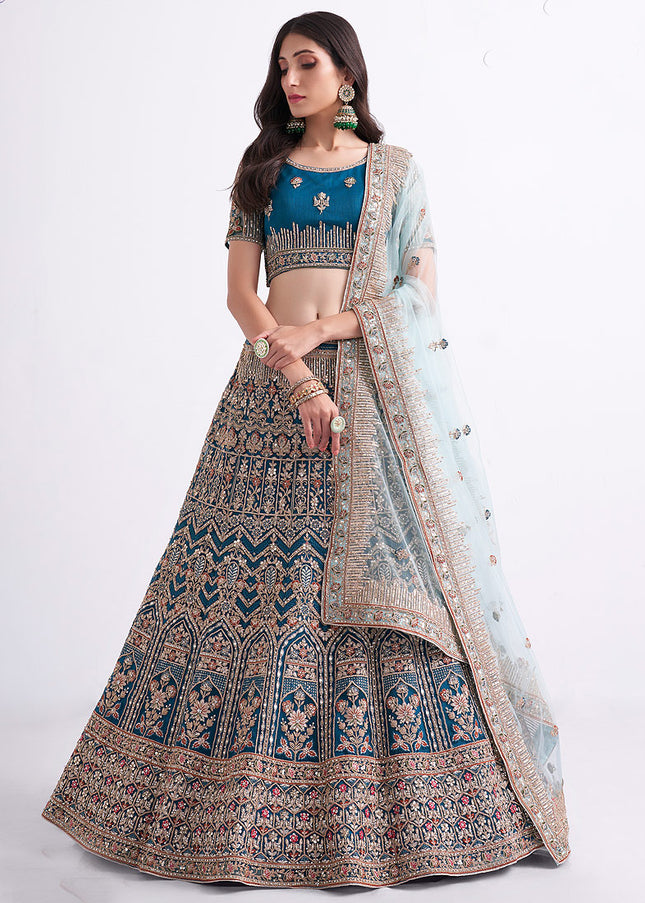 Teal Blue and Gold Heavy Embroidered Lehenga