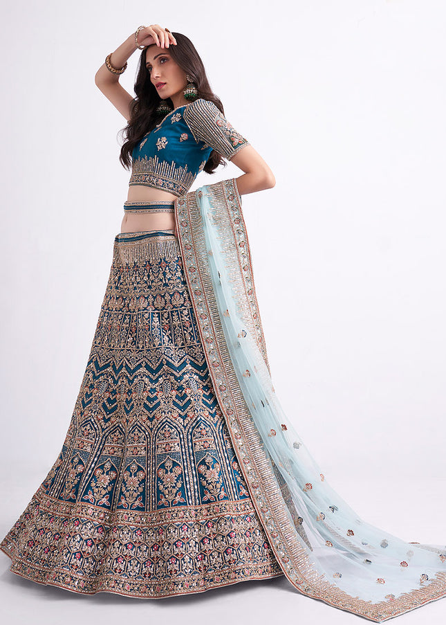 Teal Blue and Gold Heavy Embroidered Lehenga