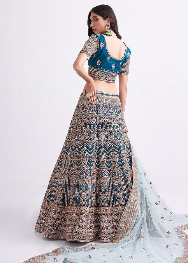 Teal Blue and Gold Heavy Embroidered Lehenga