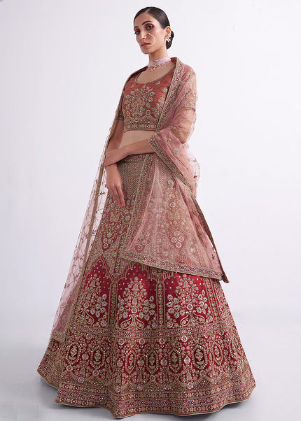 Red and Beige Heavy Embroidered Lehenga