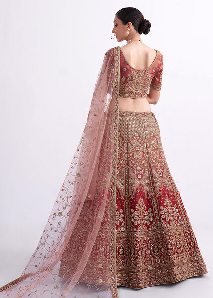 Red and Beige Heavy Embroidered Lehenga