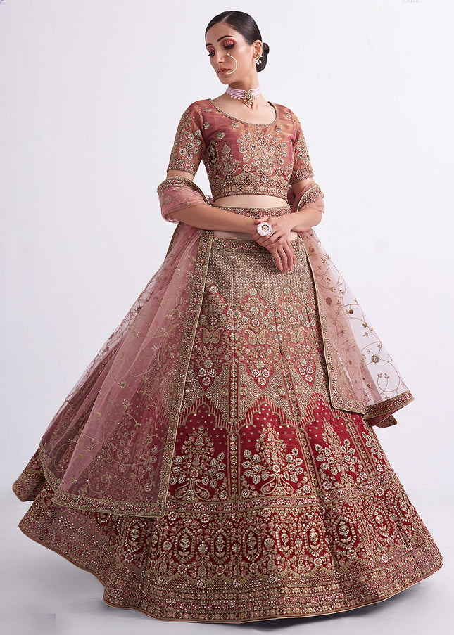 Red and Beige Heavy Embroidered Lehenga