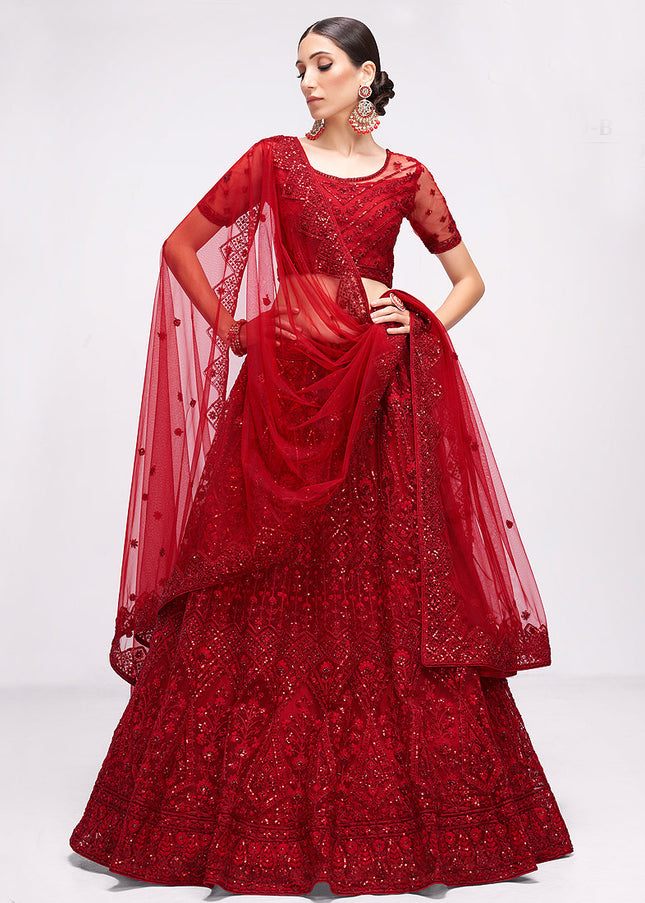 Red Heavy Embroidered Lehenga