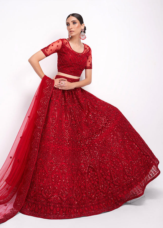 Red Heavy Embroidered Lehenga