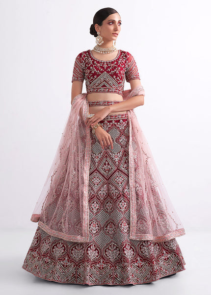 Maroon and Gold Embroidered Lehenga