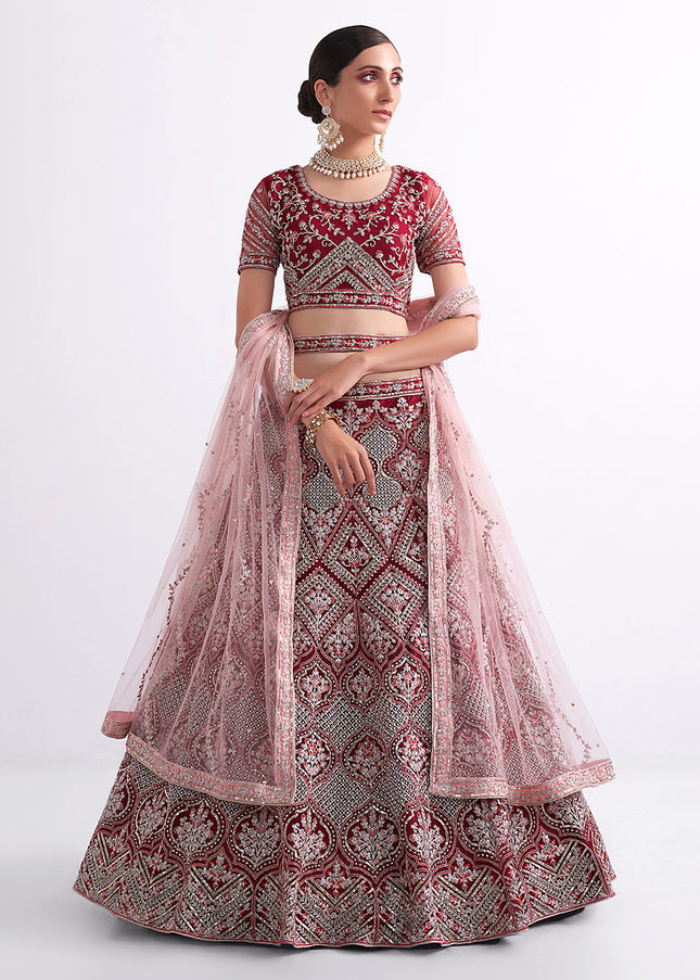 Maroon and Gold Embroidered Lehenga