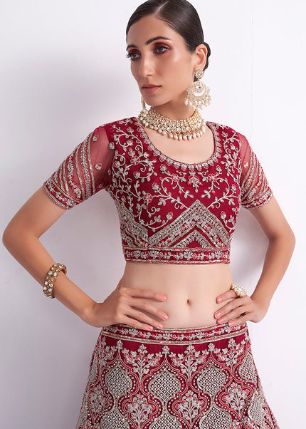 Maroon and Gold Embroidered Lehenga