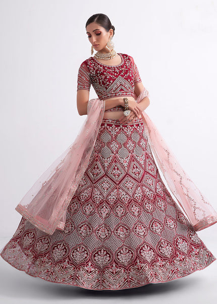 Maroon and Gold Embroidered Lehenga