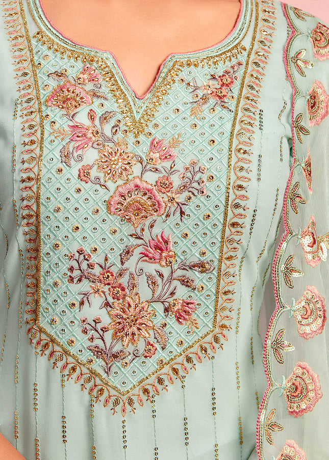 Sky Blue Embroidered Pant Style Suit