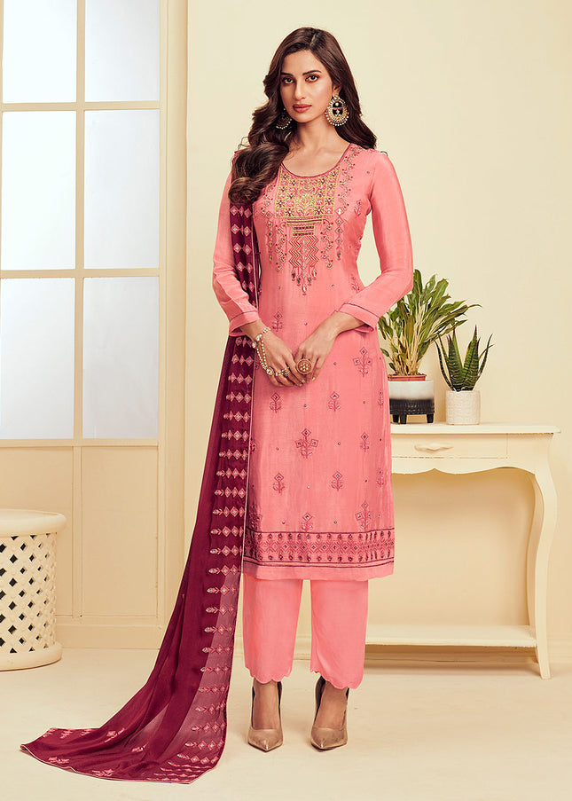 Pink and Gold Embroidered Pant Style Suit